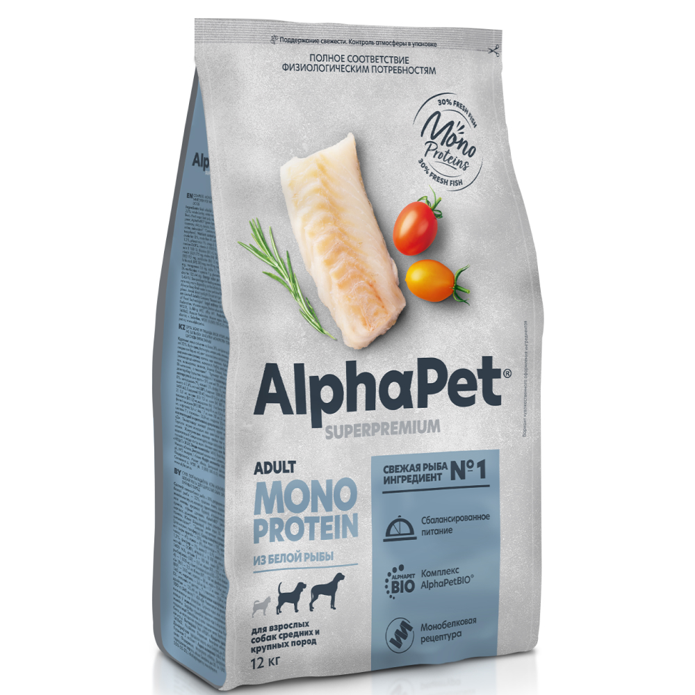 AlphaPet Adult Monoprotein Сухой корм для собак средних и крупных пород, белая рыба