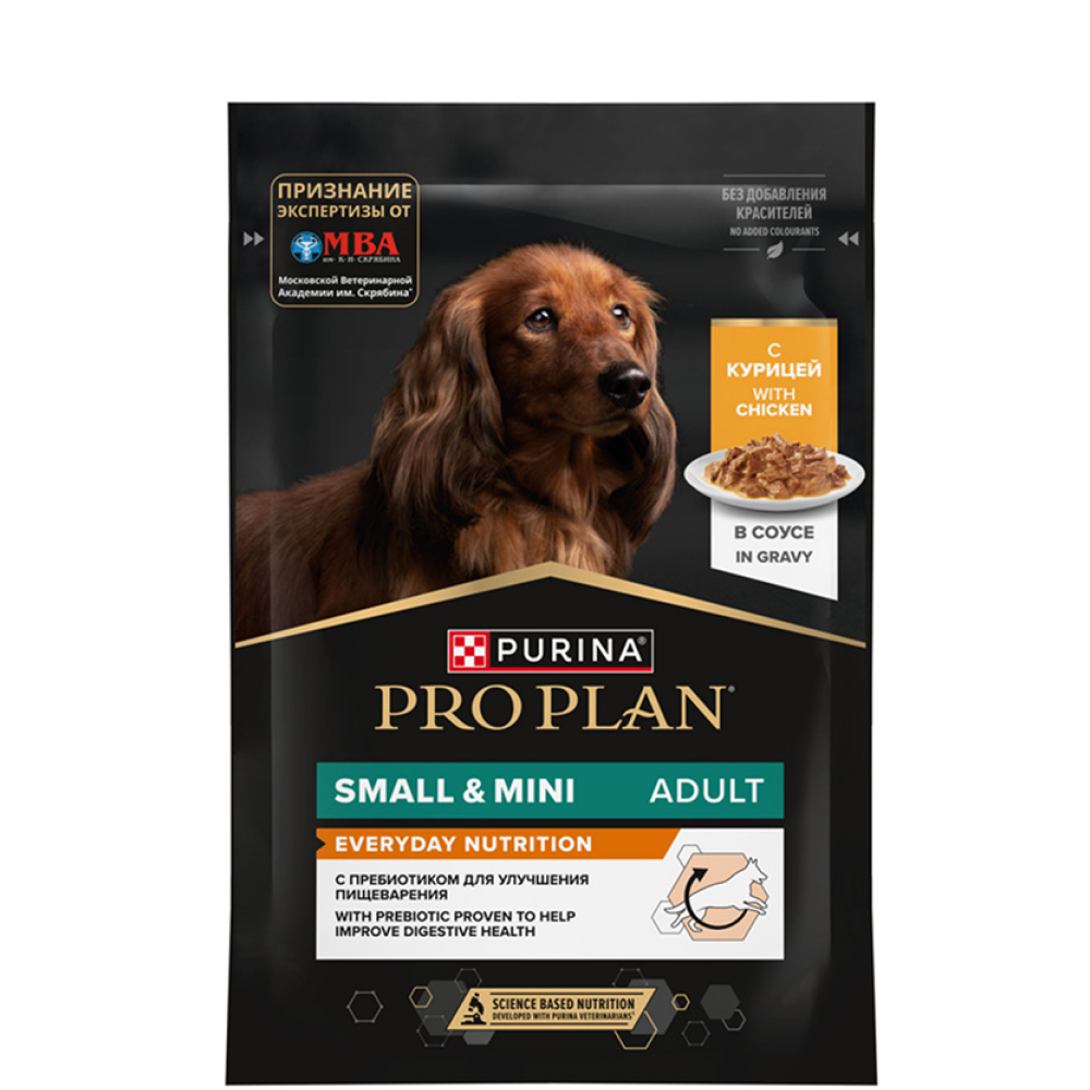 

ProPlan Влажный корм (пауч) для взрослых собак мелких и карликовых пород, с курицей в соусе, 85 гр.