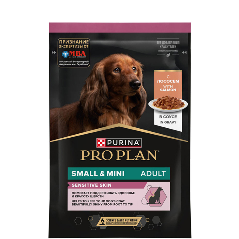 

ProPlan Влажный корм (пауч) для взрослых собак мелких и карликовых пород счувствительной кожей, с лососем в соусе, 85 гр.