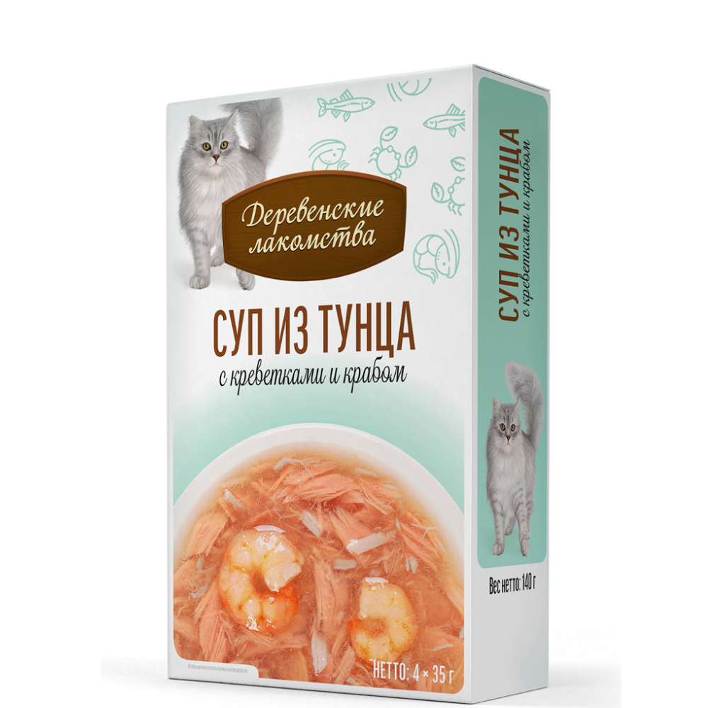 

Деревенские лакомств Влажный корм (пауч) для кошек, суп из тунца с креветками и крабом, 4х35 гр.