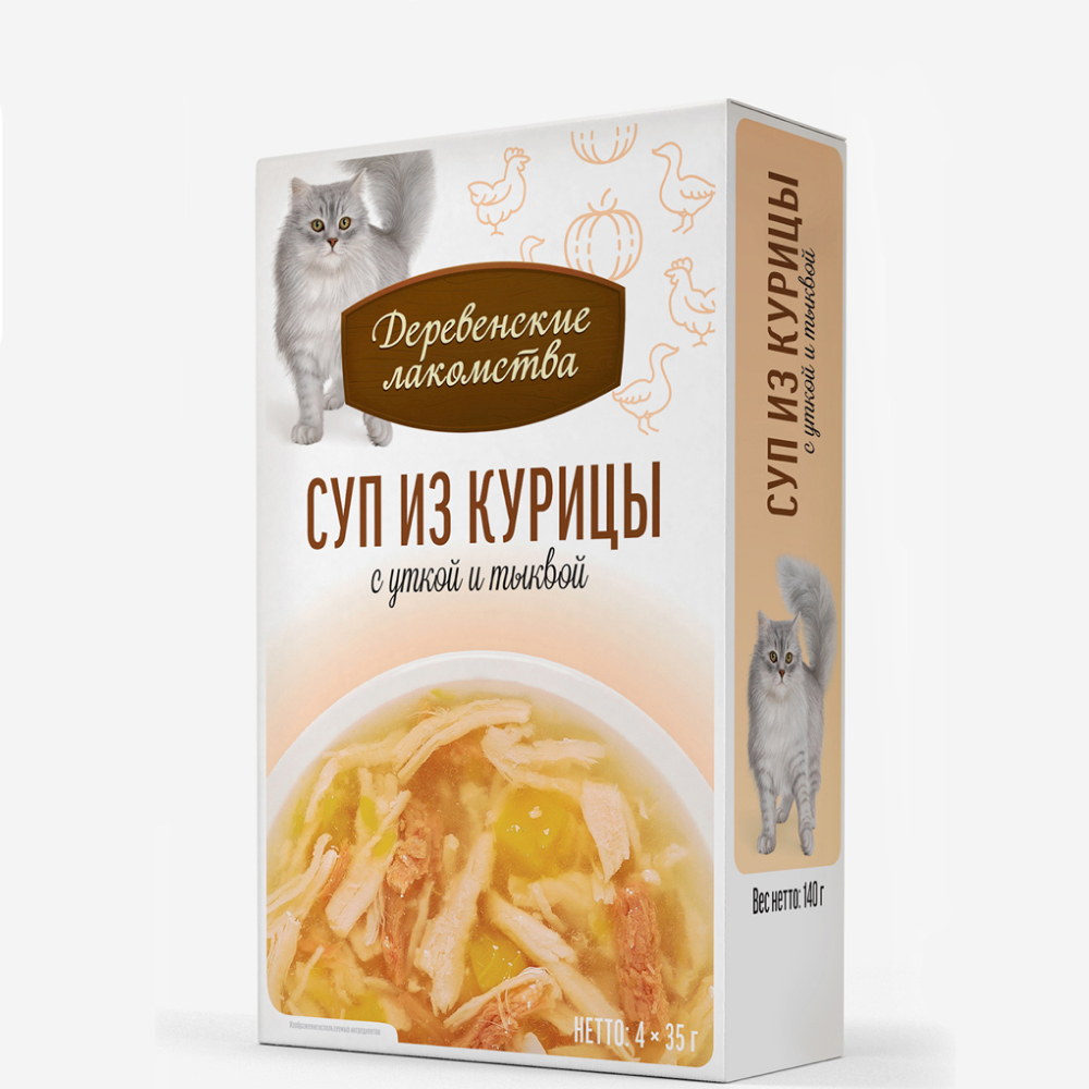 

Деревенские лакомств Влажный корм (пауч) для кошек, суп из курицы с уткой и тыквой, 4х35 гр.