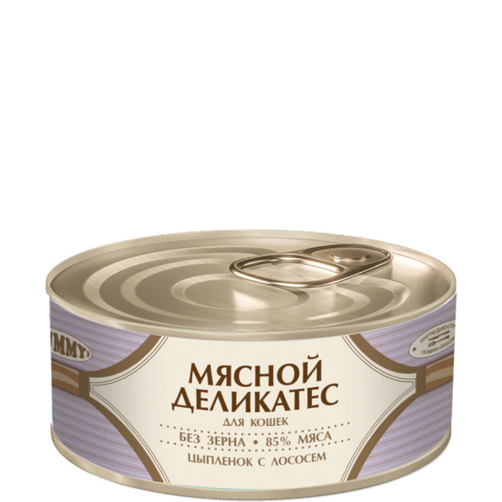 

Yummy Мясной Деликатес консервы для кошек с цыпленком и лососем, 100 г
