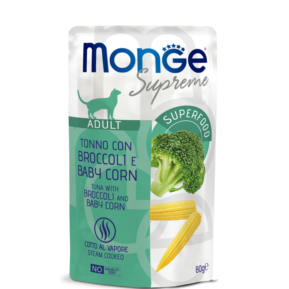

Monge Adult cat Влажный корм (пауч) для взрослых кошек, с тунцом, брокколи и мини-кукурузой, 80 гр.