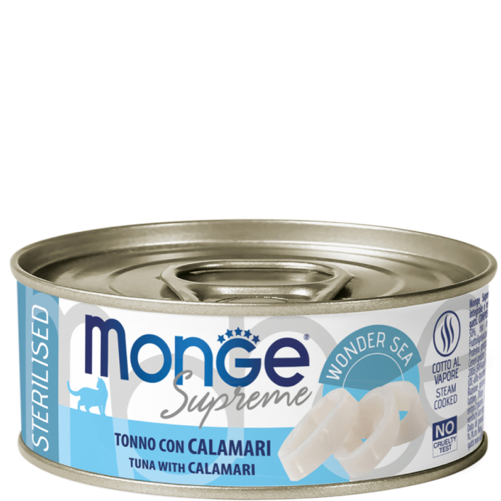 

Monge Sterilized Влажный корм (консервы) для стерилизованных кошек, с тунцом и кальмаром, 80 гр.