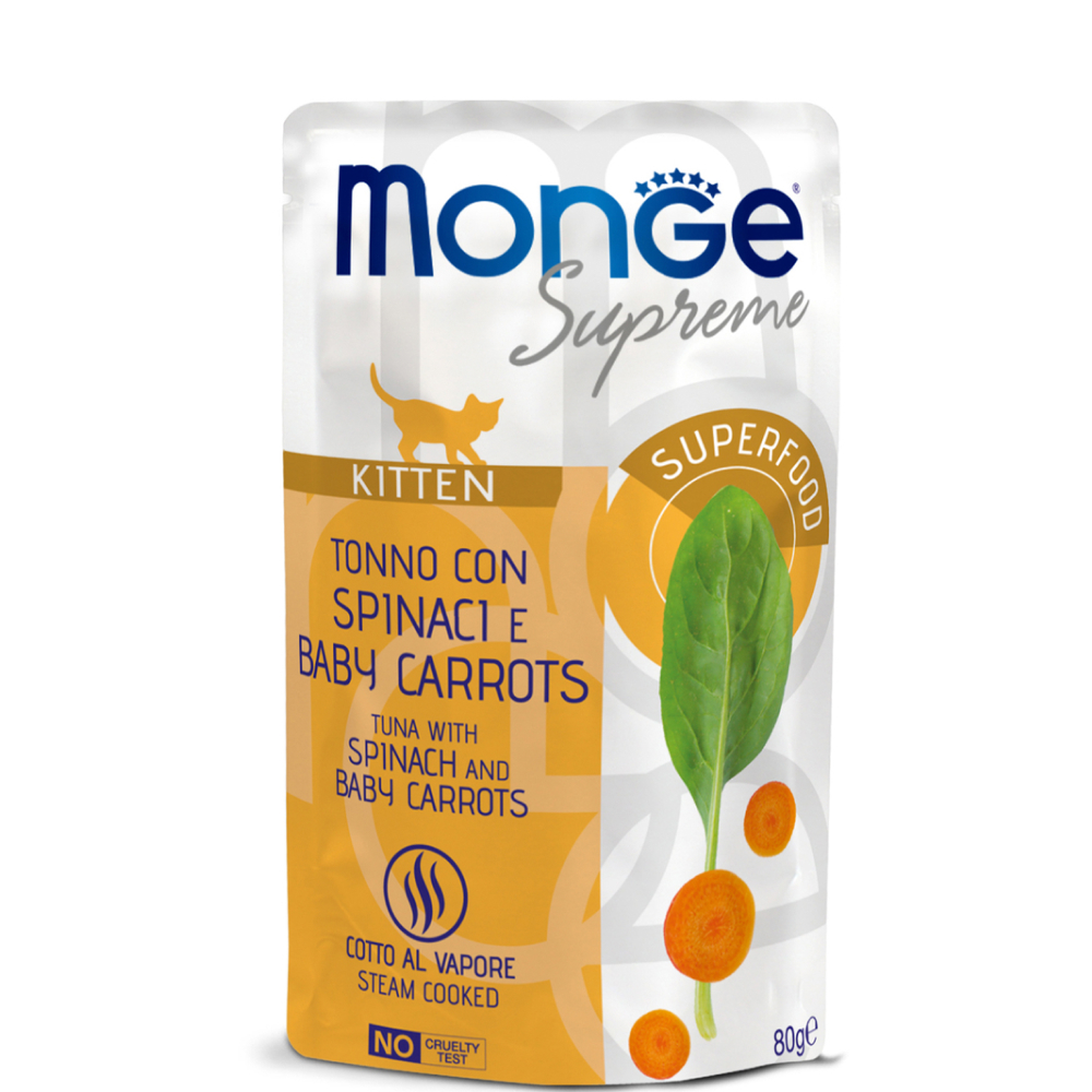 

Monge Kitten Влажный корм (пауч) для котят, тунец, шпинат и мини-морковь, 80 гр.