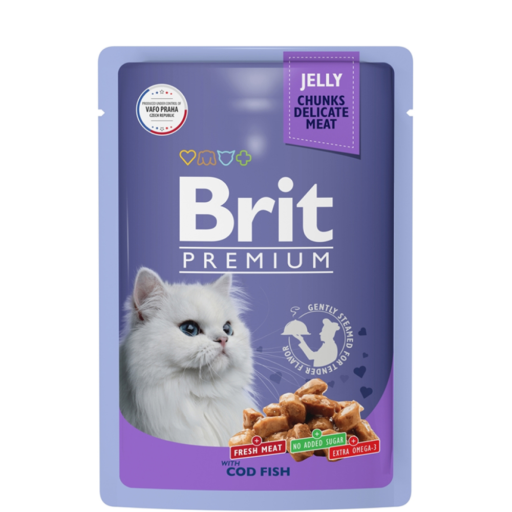 

Brit Premium Влажный корм (пауч) для взрослых кошек, с треской в желе, 85 гр.
