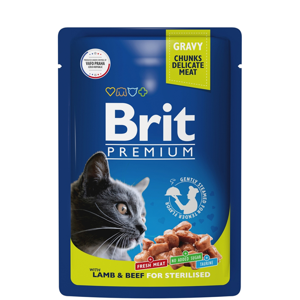

Brit Premium Влажный корм (пауч) для стерилизованных кошек, с ягненком иговядиной в соусе, 85 гр.
