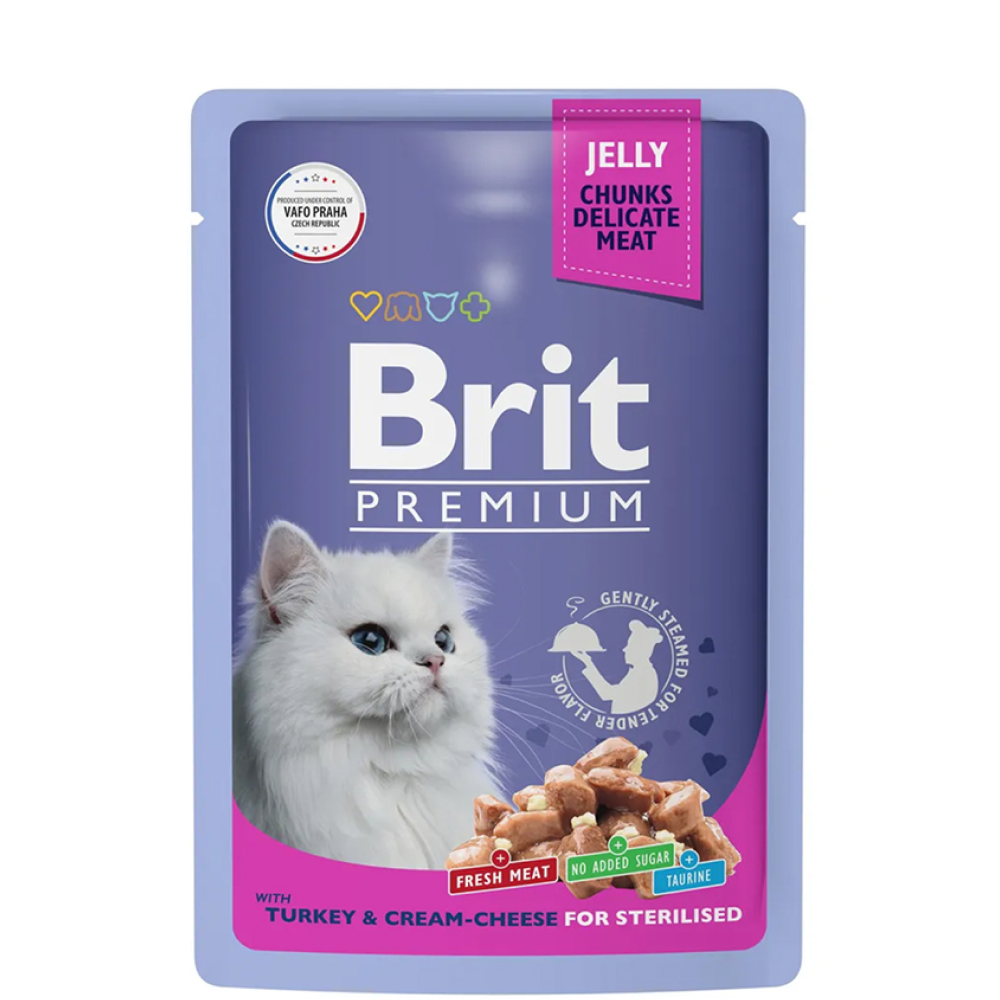 

Brit Premium Влажный корм (пауч) для взрослых стерилизованных кошек, с индейкой и сыром в желе, 85 гр.
