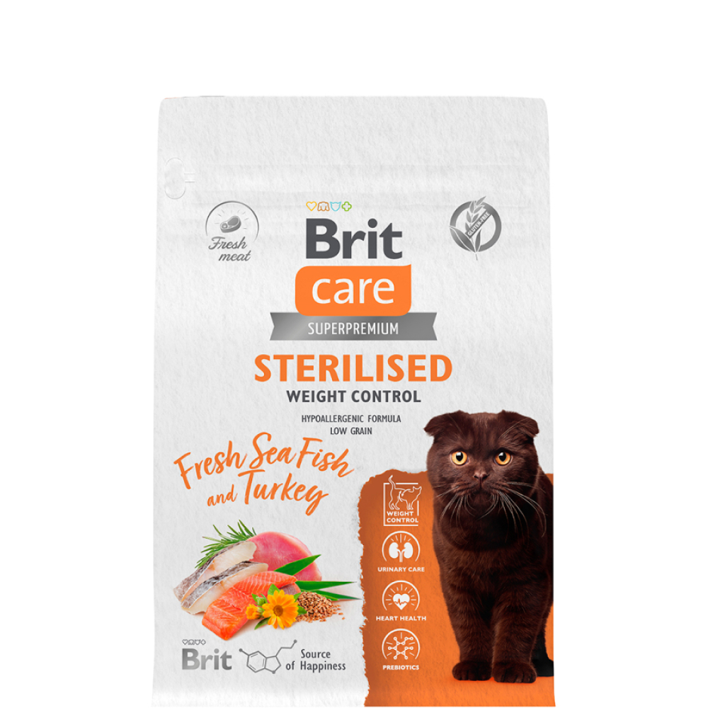

Brit Care Superpremium Sterilised Weight Control Сухой корм для стерилизованных кошек, с морской рыбой и индейкой, 1,5 кг