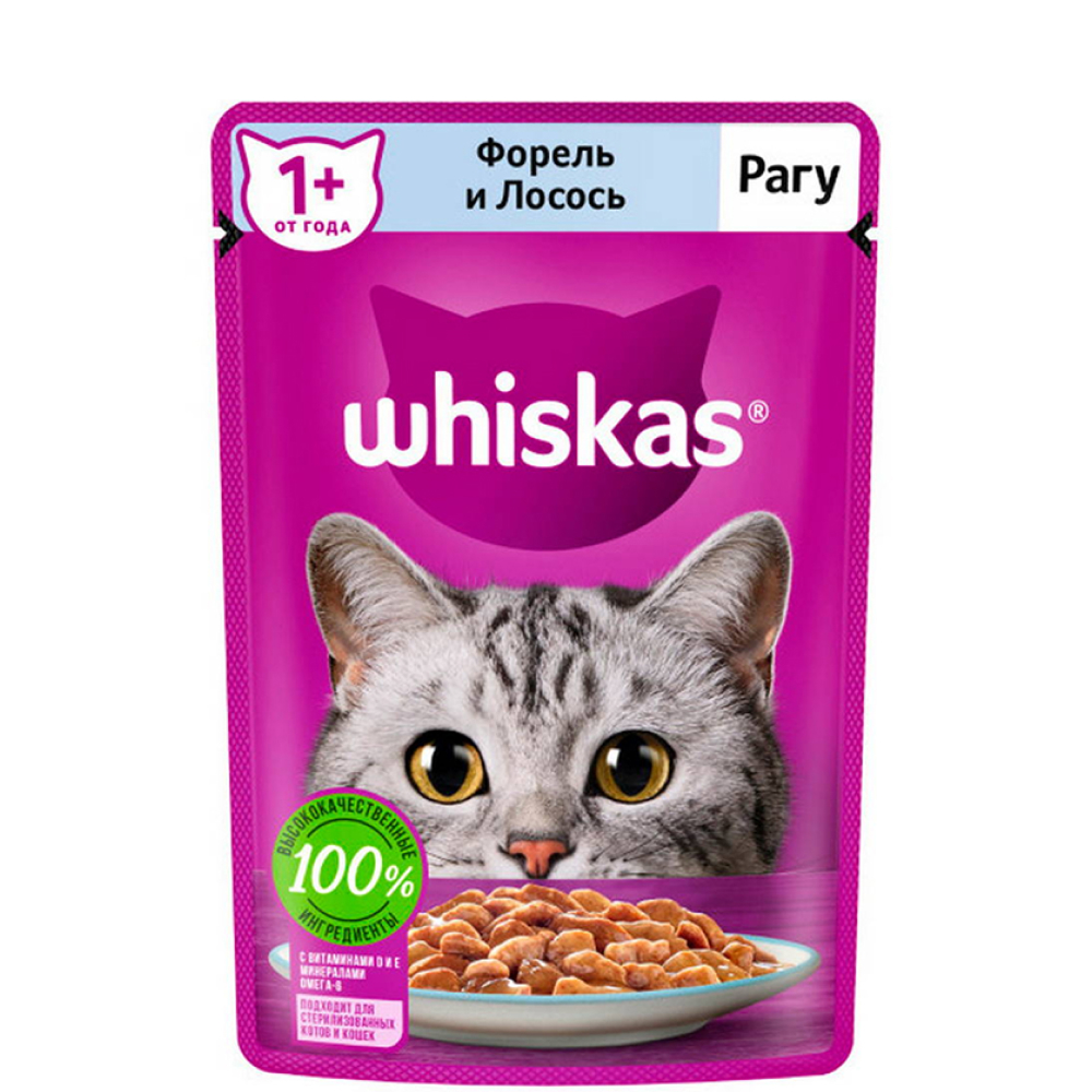 

Whiskas Влажный корм (пауч) для кошек, рагу с форелью и лососем, 75 гр.