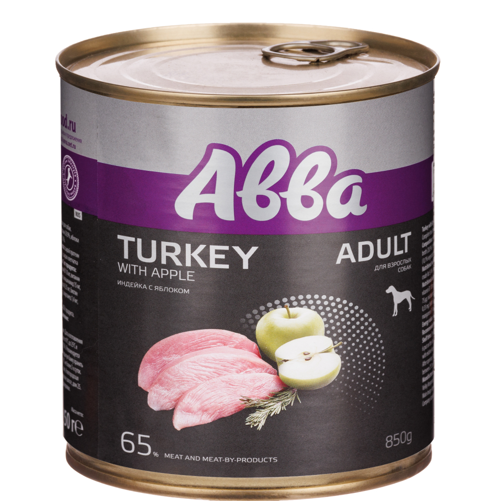

АВВА Adult Влажный корм (консервы) для взрослых собак всех пород, с индейкой и яблоком, 850 гр.