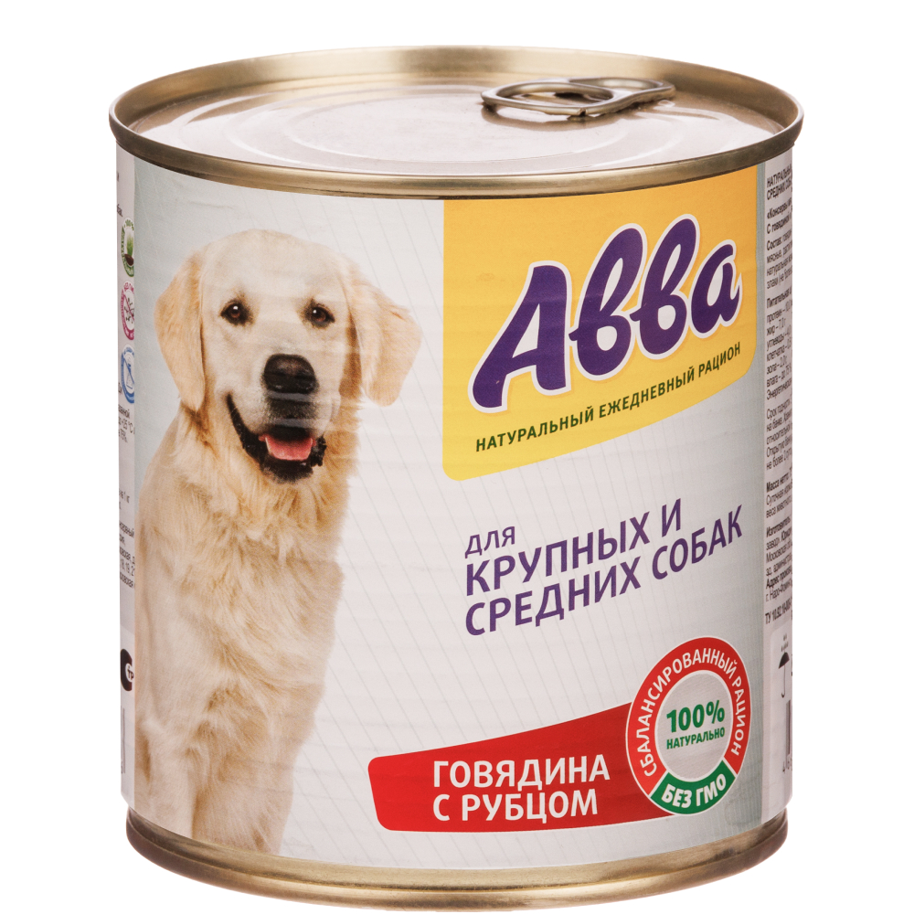 

АВВА Влажный корм (консервы) для собак средних и крупных пород, с говядиной и рубцом, 750 гр.