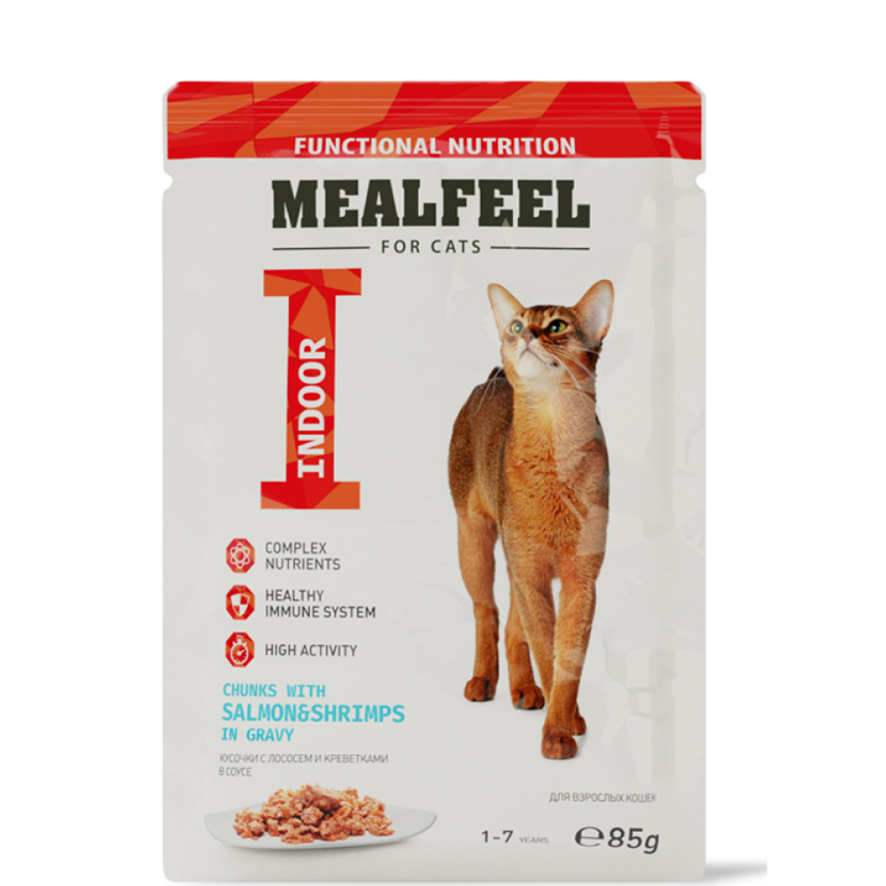 

Mealfeel Functional Nutrition Влажный корм (пауч) для взрослых кошек, лосось и креветки в соусе с кусочками куриного филе, 85 гр.