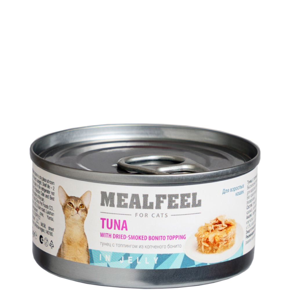 

Mealfeel Влажный корм (консервы) для кошек, тунец с топпингом из копченого бонито в желе, 85 гр.