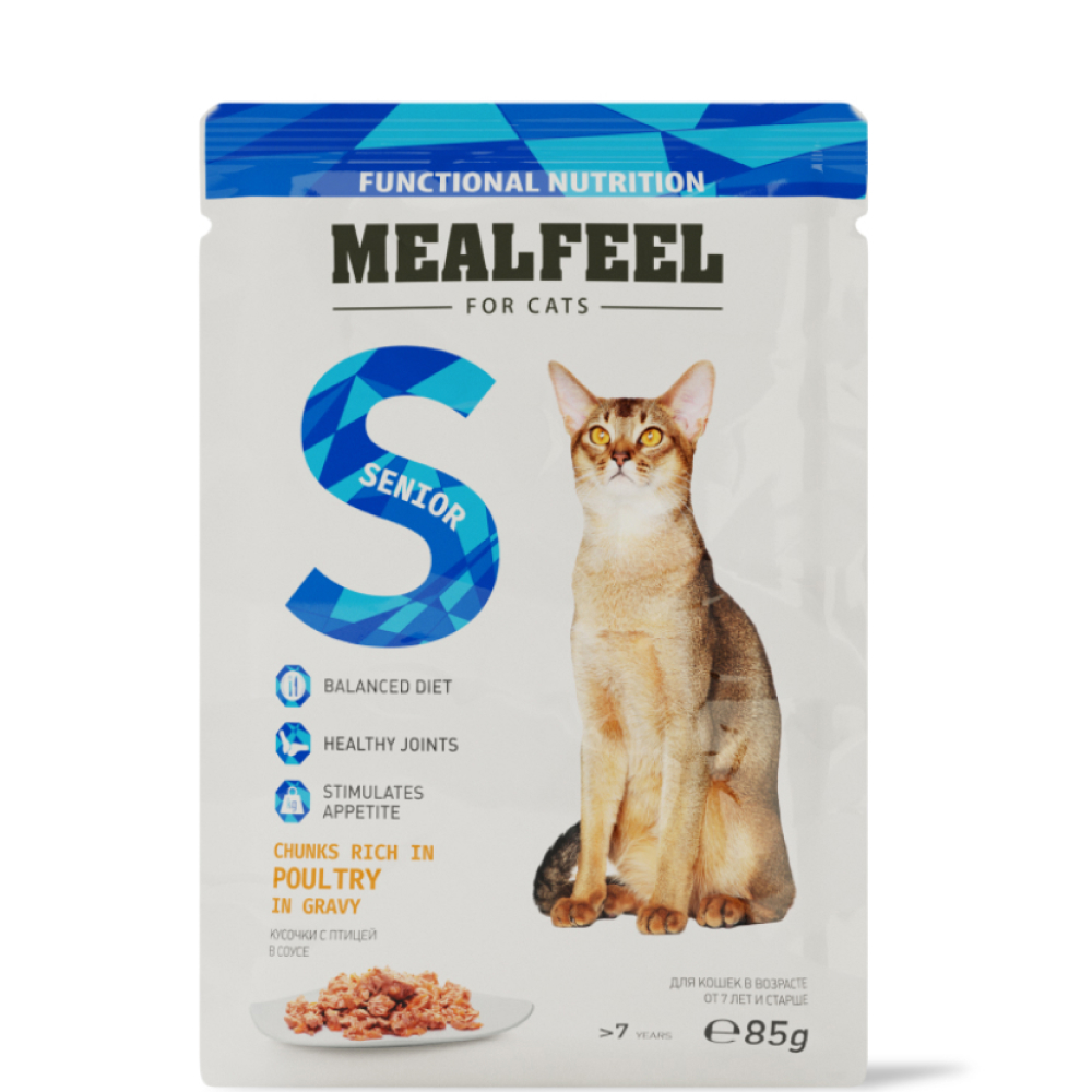 

Mealfeel Senior Влажный корм (пауч) для кошек старше 7 лет, кусочки с домашней птицей в соусе, 85 гр.