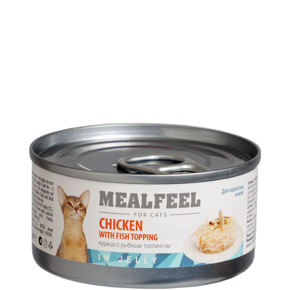 

Mealfeel Влажный корм (консервы) для кошек, курица с рыбным топпингом в желе, 85 гр.
