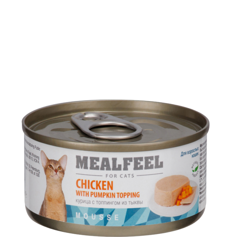 

Mealfeel Влажный корм (консервы) для кошек, мусс из курицы с топпингом из тыквы, 85 гр.