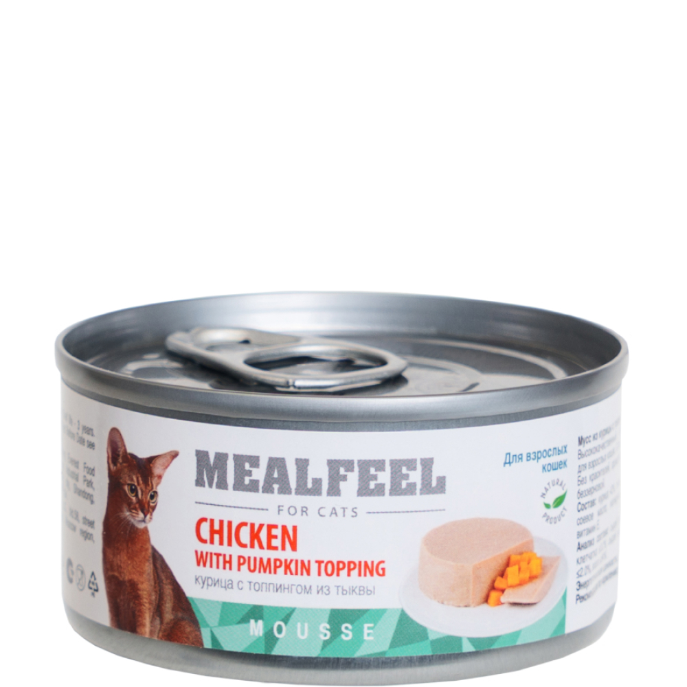 

Mealfeel Влажный корм (консервы) для кошек, мусс из курицы с топпингом из тыквы, 85 гр.