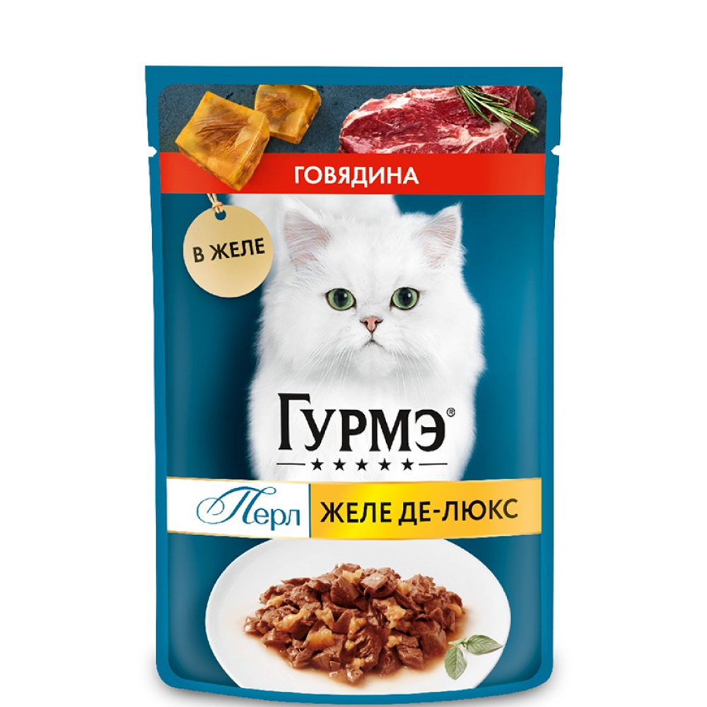 

Gourmet Влажный корм (пауч) для взрослых кошек Желе Де-Люкс, с говядиной в желе, 75 гр.