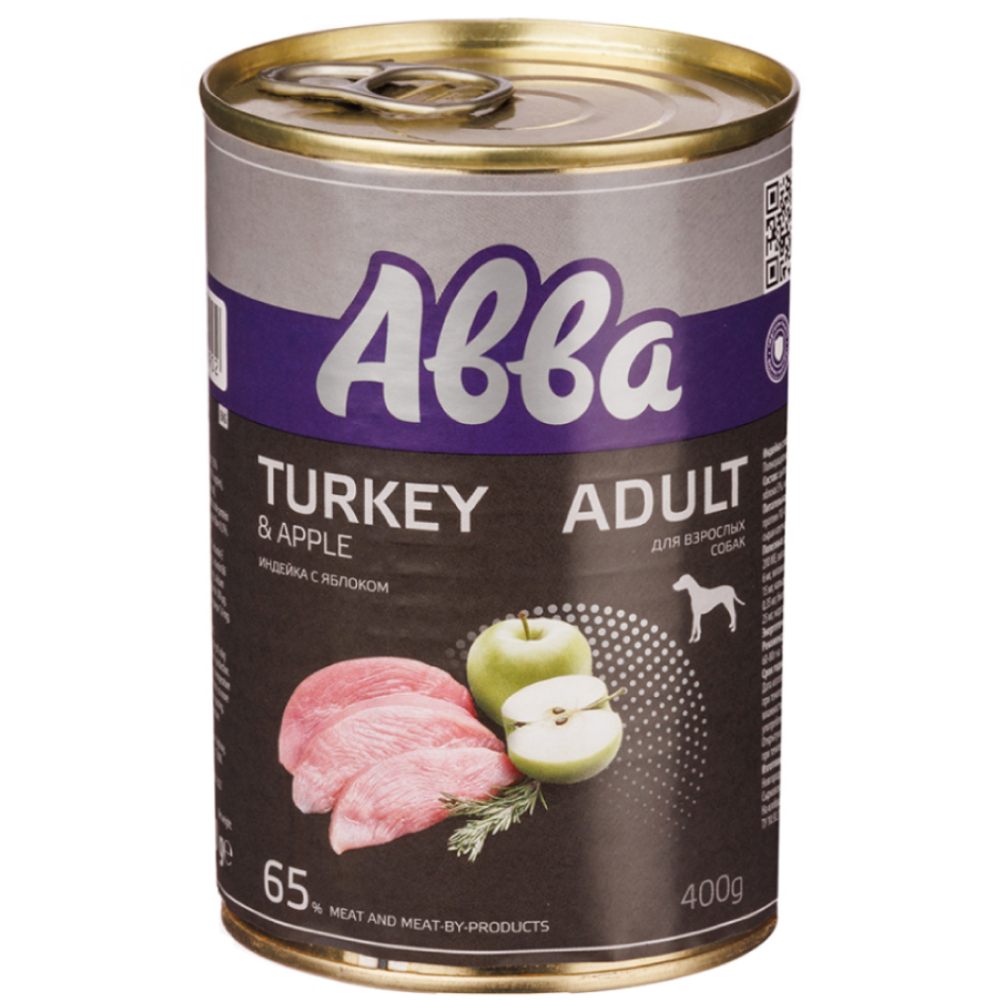 

АВВА Adult Влажный корм (консервы) для взрослых собак всех пород, с индейкой и яблоком, 400 гр.