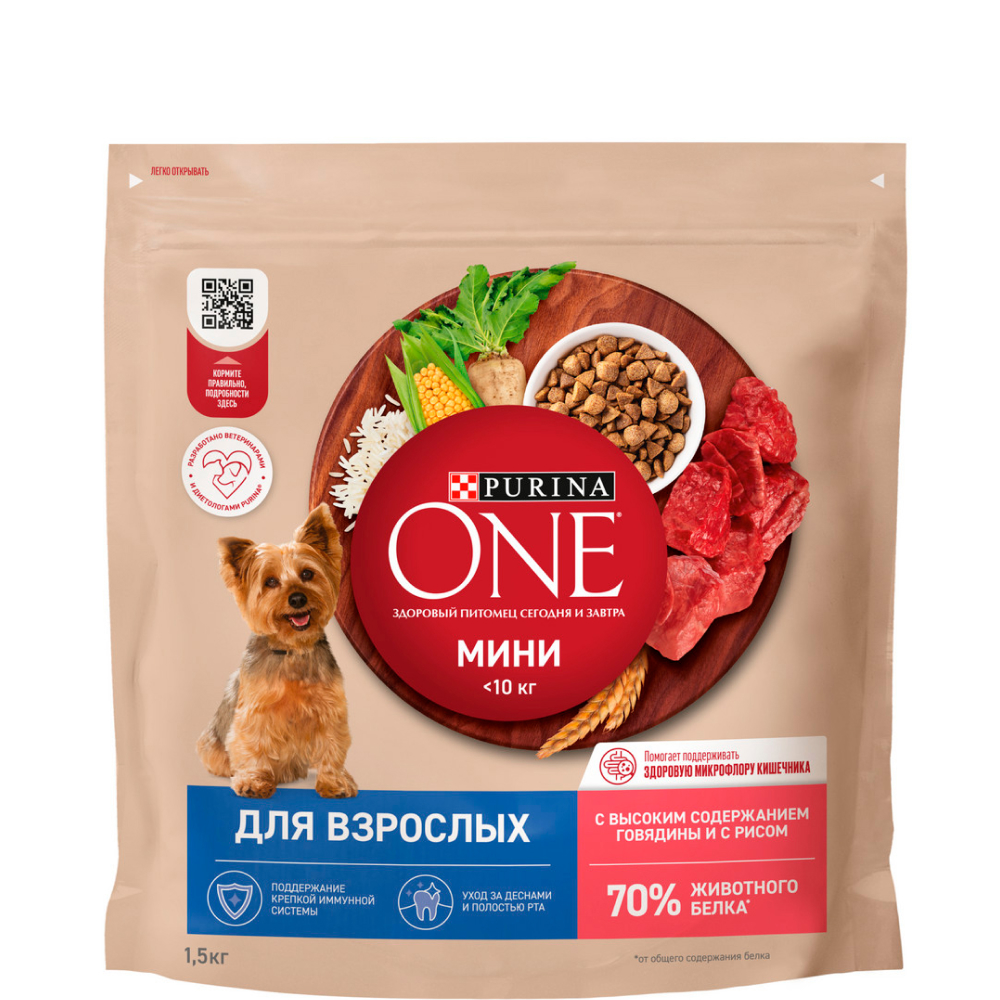 

Purina ONE MINI Сухой корм для взрослых собак, со вкусом говядины, 1,5 кг