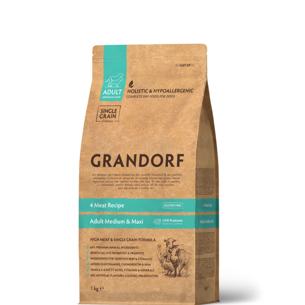 

Grandorf Holistic Adult Medium & Maxi Сухой корм для собак средних и крупных пород, 4 вида мяса с пробиотиками, 10 кг