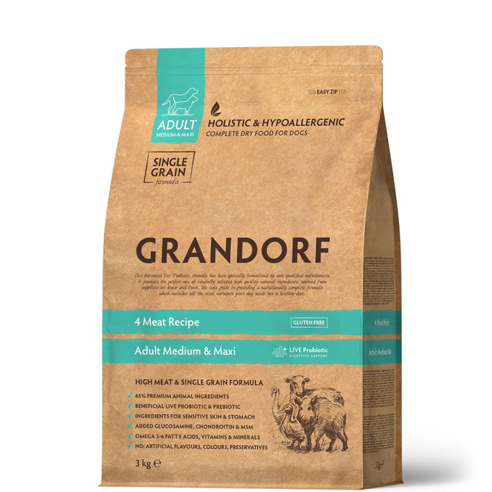 

Grandorf Holistic Adult Medium & Maxi Сухой корм для собак средних и крупных пород, 4 вида мяса с пробиотиками, 1 кг