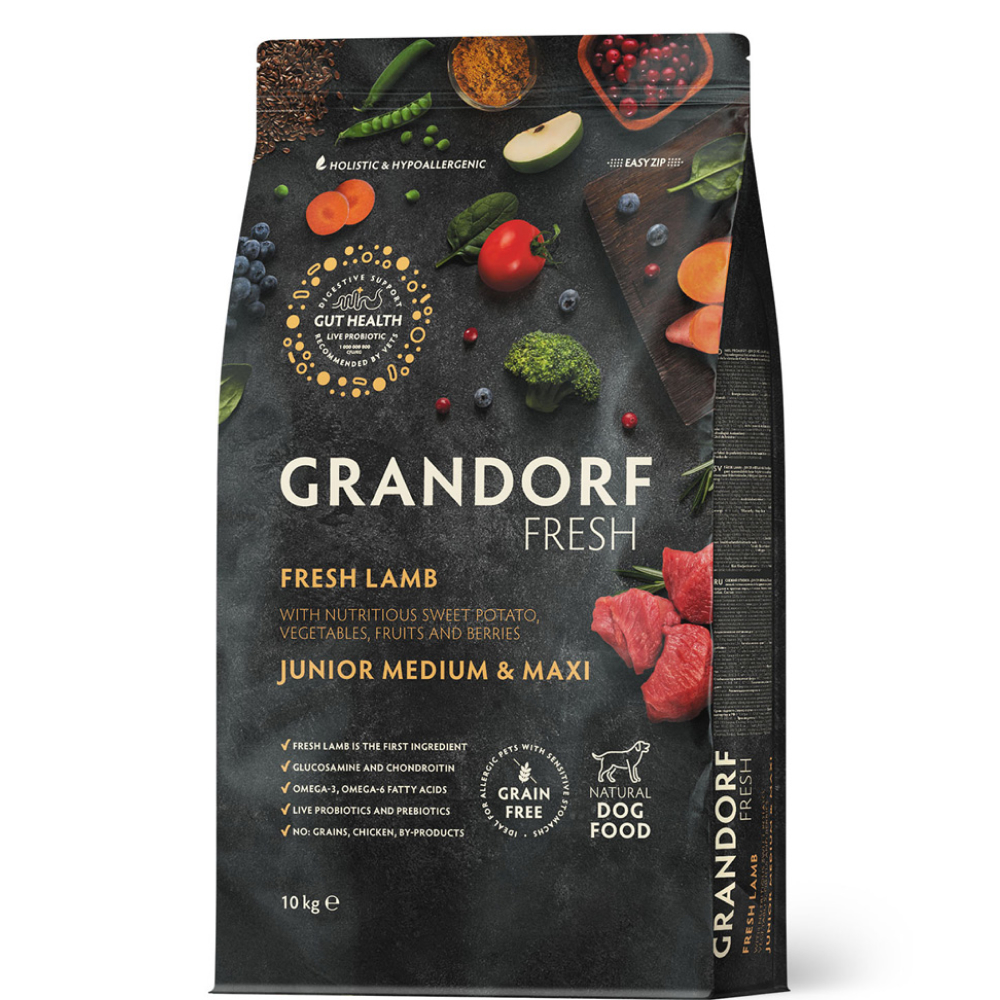 

Grandorf Fresh junior Сухой корм с живыми пробиотиками для щенков средних и крупных пород, с ягненком и бататом, 10 кг