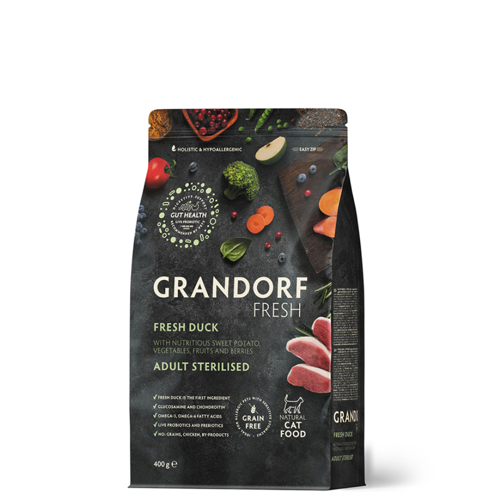

Grandorf Fresh Adult Sterilised Сухой корм для стерилизованных кошек и кастрированных котов, с уткой и бататом, 400 гр.