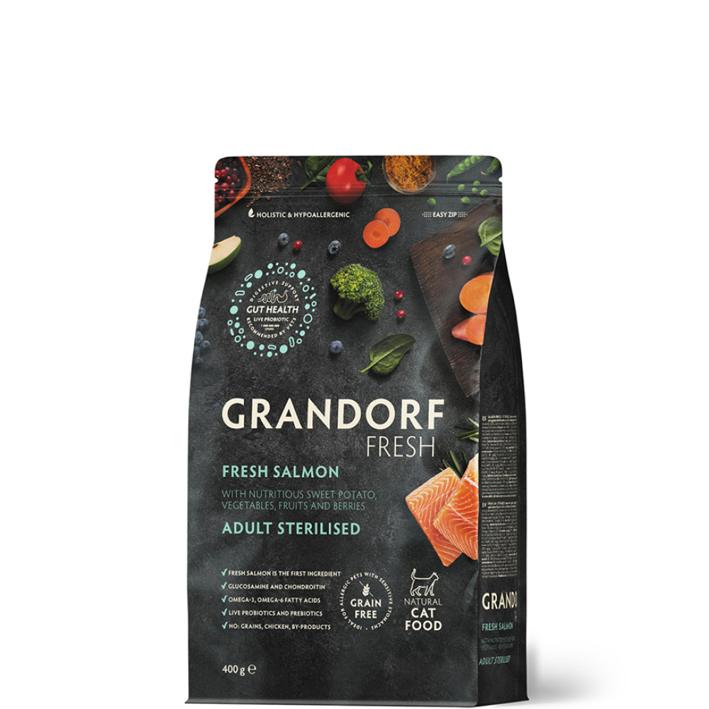 

Grandorf Fresh Adult Sterilised Сухой корм для стерилизованных кошек и кастрированных котов, с лососем и бататом, 400 гр.