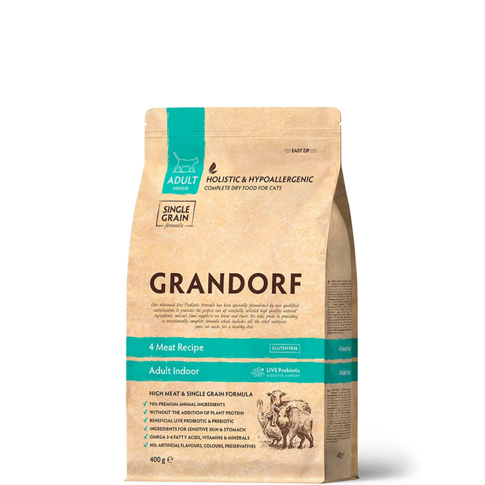 

Grandorf Holistic Adult Indoor Сухой корм для взрослых домашних кошек, четыре вида мяса, 400 гр.