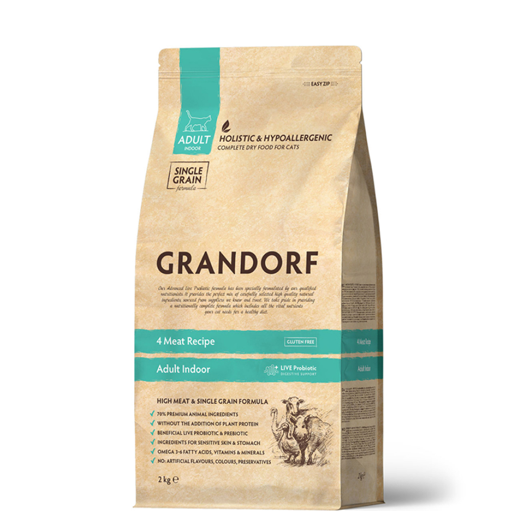 Grandorf Holistic Adult Indoor Сухой корм для взрослых домашних кошек, четыре вида мяса
