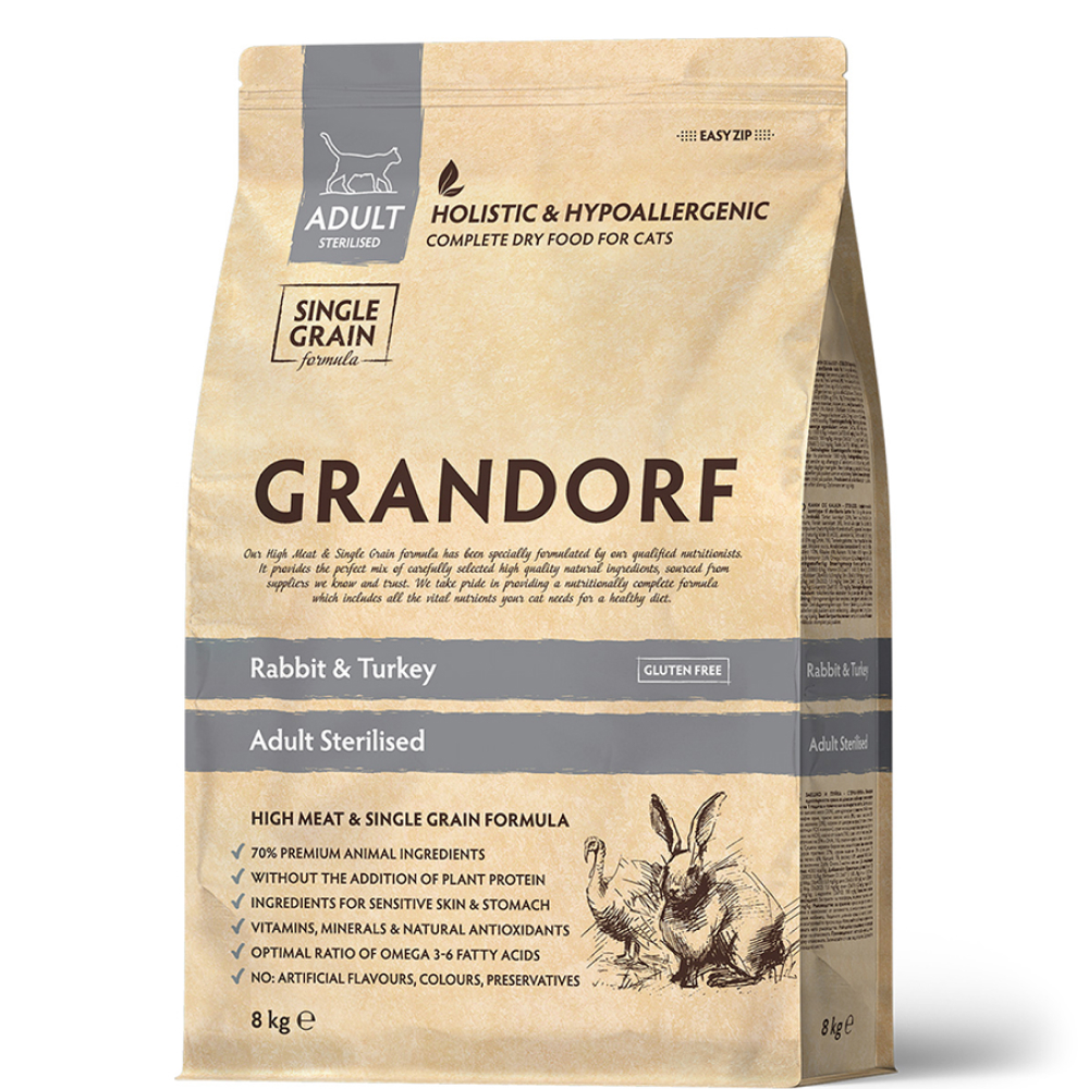 

Grandorf Holistic Adult Sterilised Сухой корм для взрослых стерилизованных кошек, с кроликом и индейкой, 8 кг