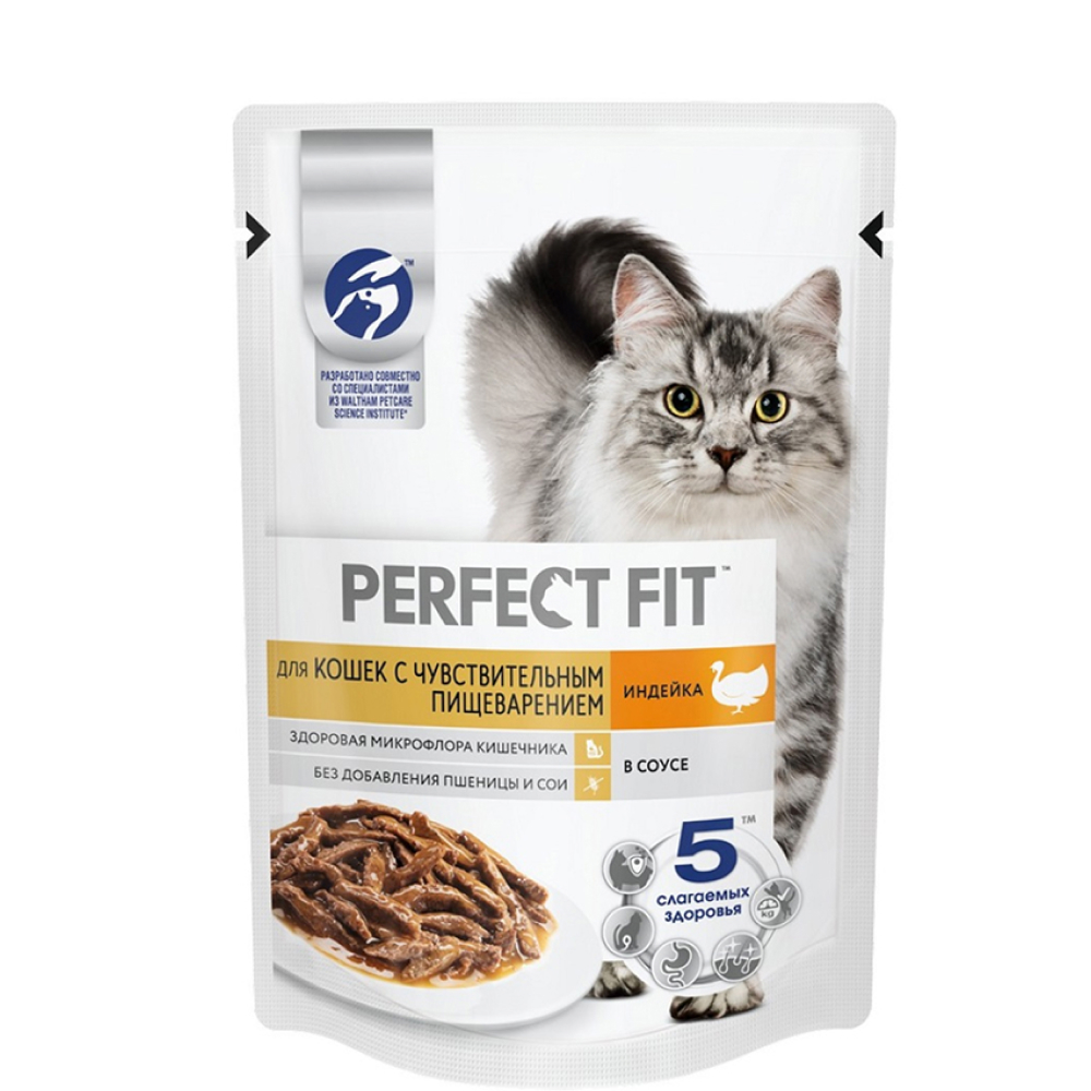 

Perfect Fit Влажный корм (пауч) для кошек с чувствительным пищеварением, с индейкой в соусе, 75 гр.