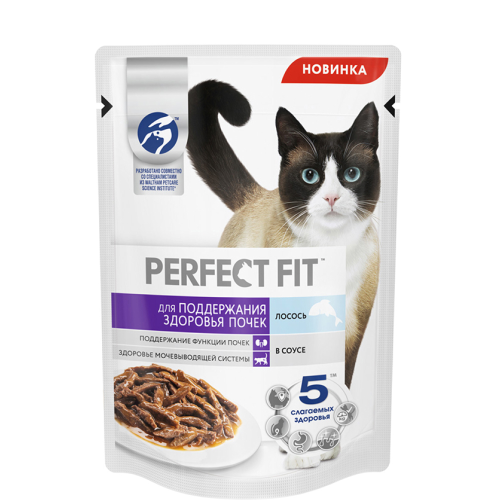 

Perfect Fit Влажный корм (пауч) для кошек для поддержания здоровья почек, с лососем в соусе, 75 гр.