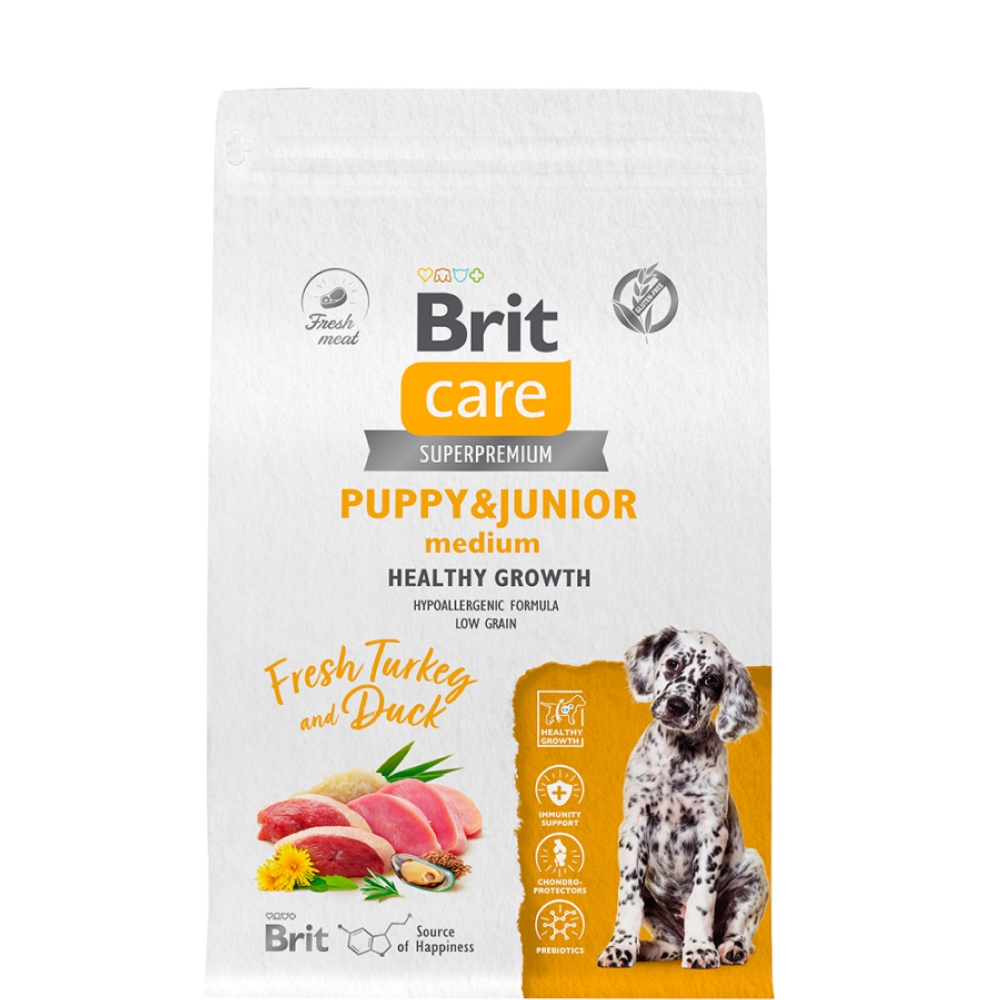 Brit Care Dog Puppy&amp;Junior M Healthy Growth сухой корм для щенков средних пород, с индейкой и уткой - 3 кг повседневный супер премиум низкозерновые для щенков с индейкой породы среднего размера мешок Российский корм 1 уп. х 1 шт. х