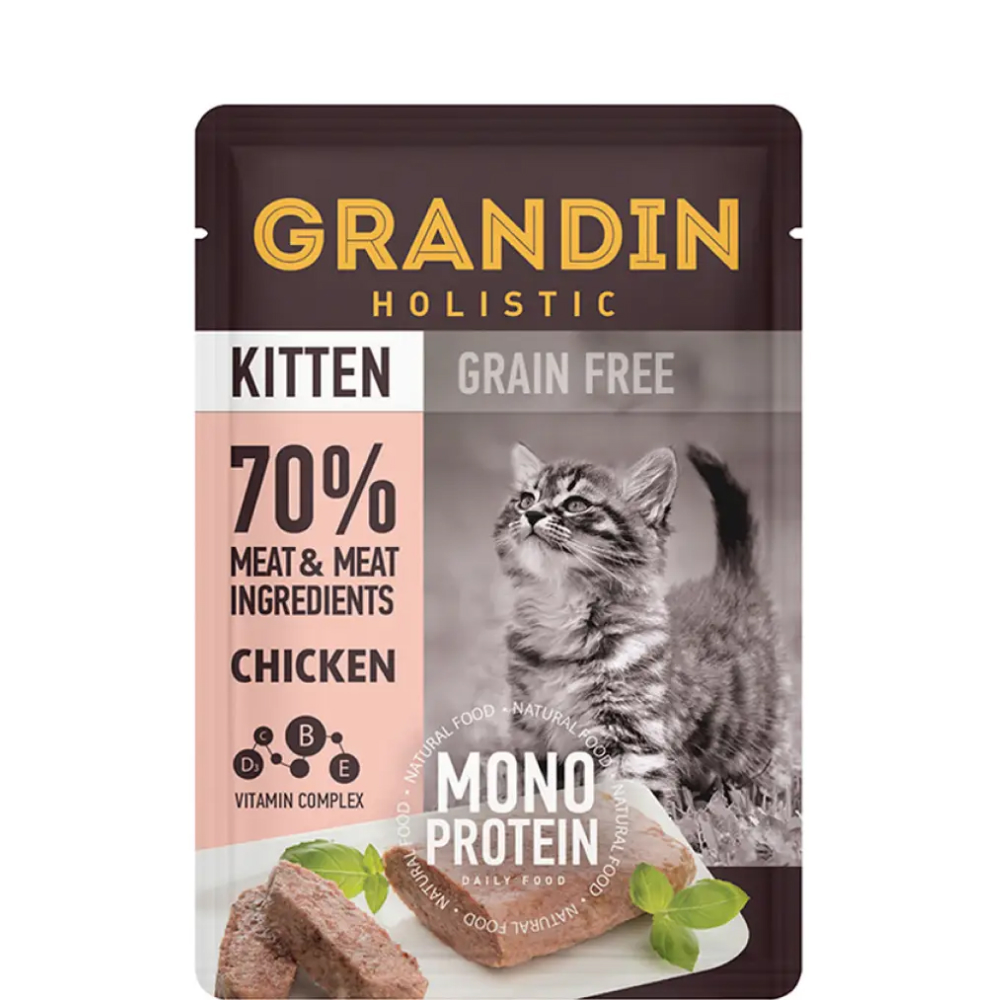 

Grandin Kitten Grain free Monoprotein Влажный корм (пауч) для котят, патэ из нежного мяса курицы в желе, 85 гр.