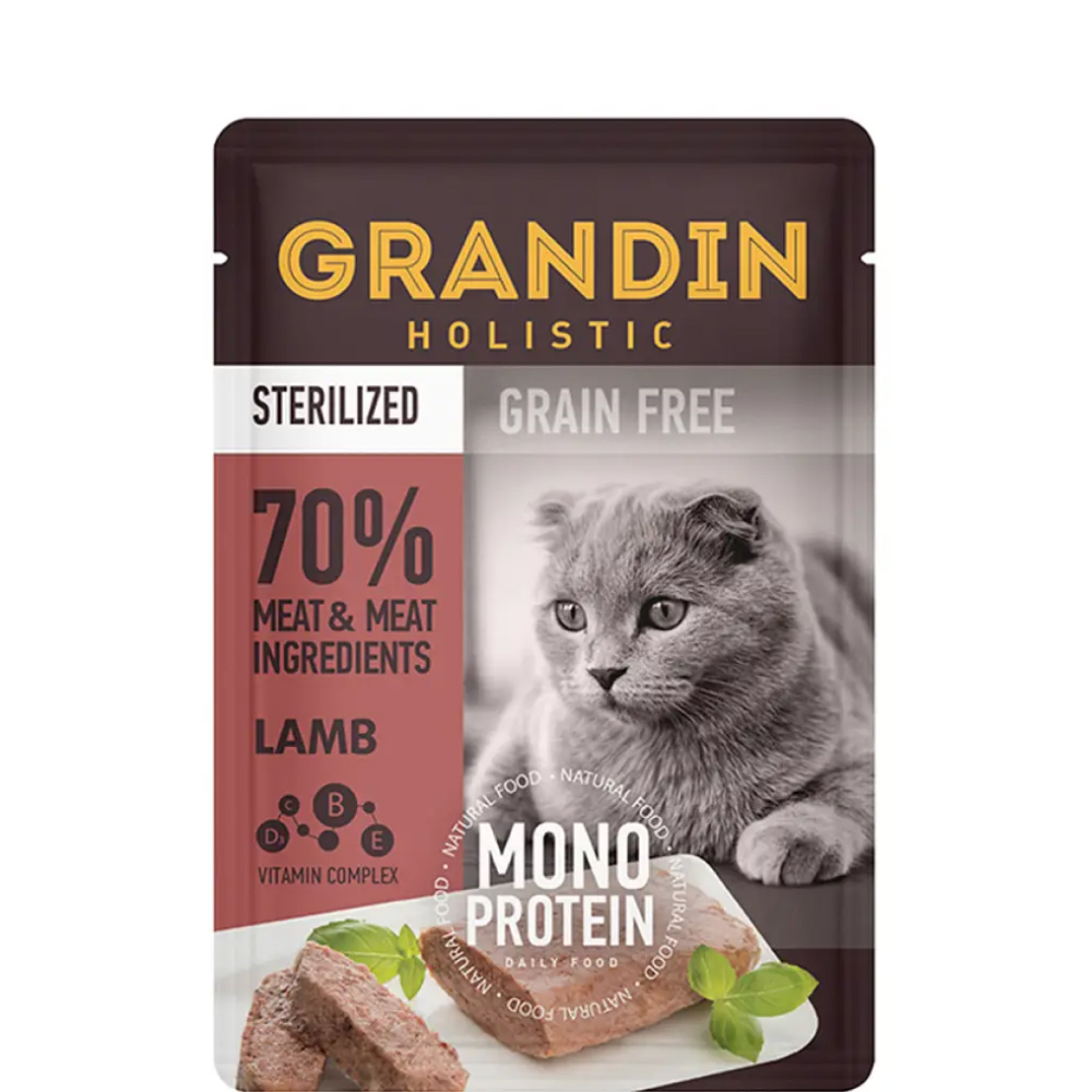 

Grandin Sterilized Grain free Monoprotein Влажный корм (пауч) для взрослых стерилизованных кошек, патэ из нежного мяса ягненка в желе, 85 гр.