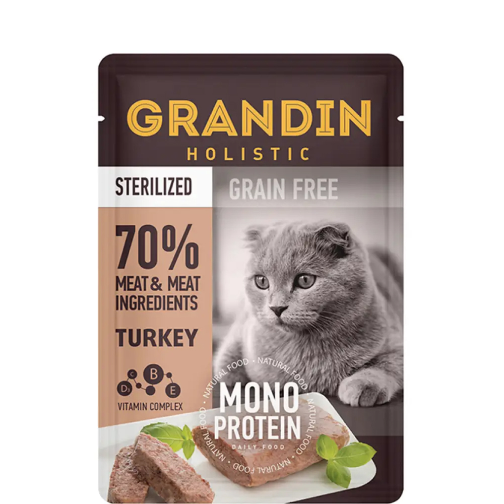 

Grandin Sterilized Grain free Monoprotein Влажный корм (пауч) для взрослых стерилизованных кошек, патэ из нежного мяса индейки в желе, 85 гр.