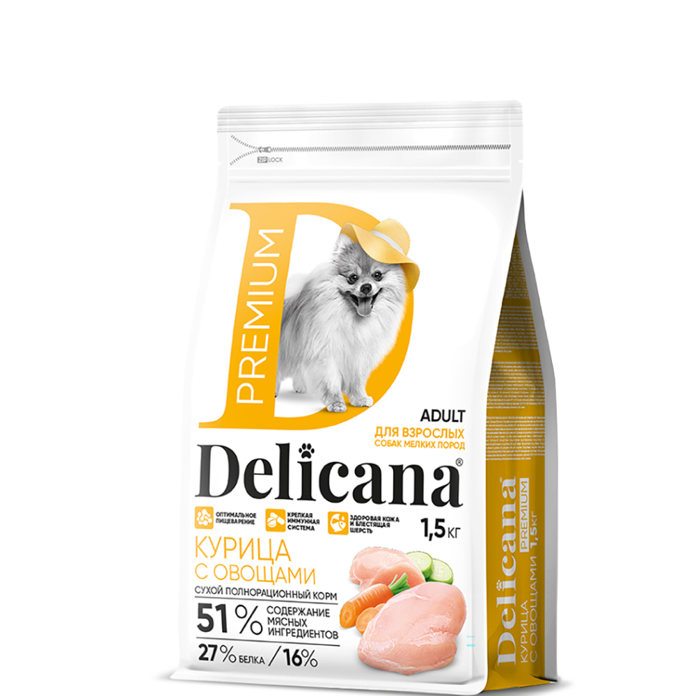 

DELICANA Premium Сухой корм для собак мелких пород, курица с овощами, 1,5 кг