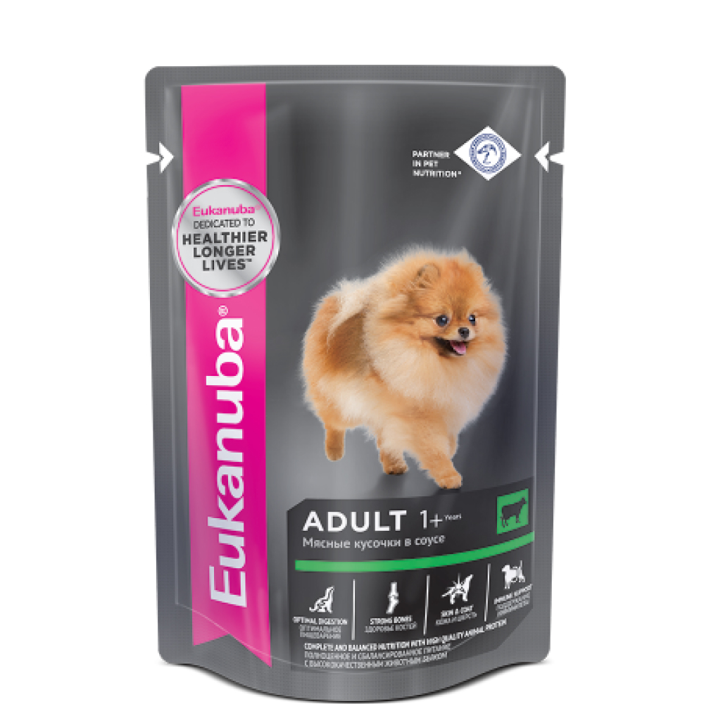 

Eukanuba Adult all breed Влажный корм (пауч) для взрослых собак всех пород, с говядиной в соусе, 100 гр.