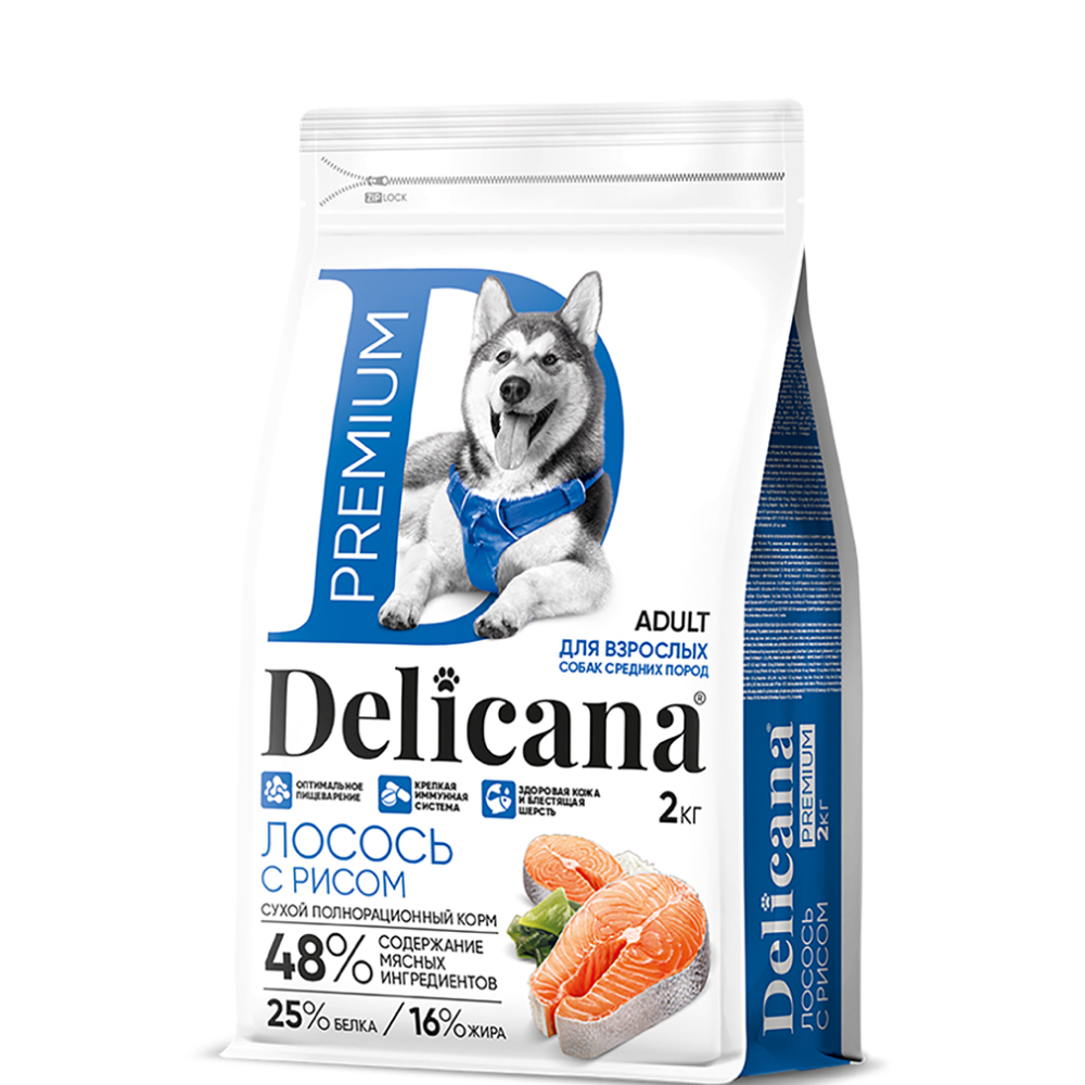 

DELICANA Premium Сухой корм для собак средних пород, лосось с рисом, 2 кг