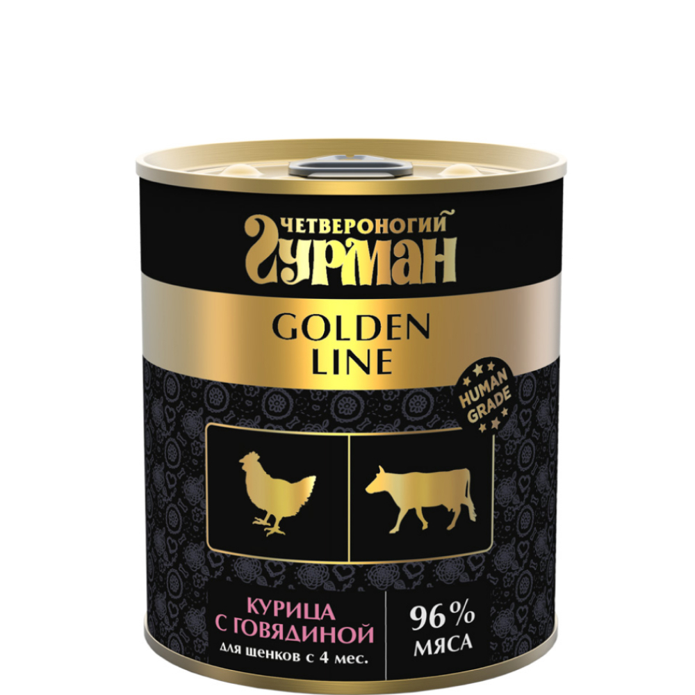 

Четвероногий Гурман Golden Line Влажный корм (консервы) для щенков, курица с говядиной, 340 гр.