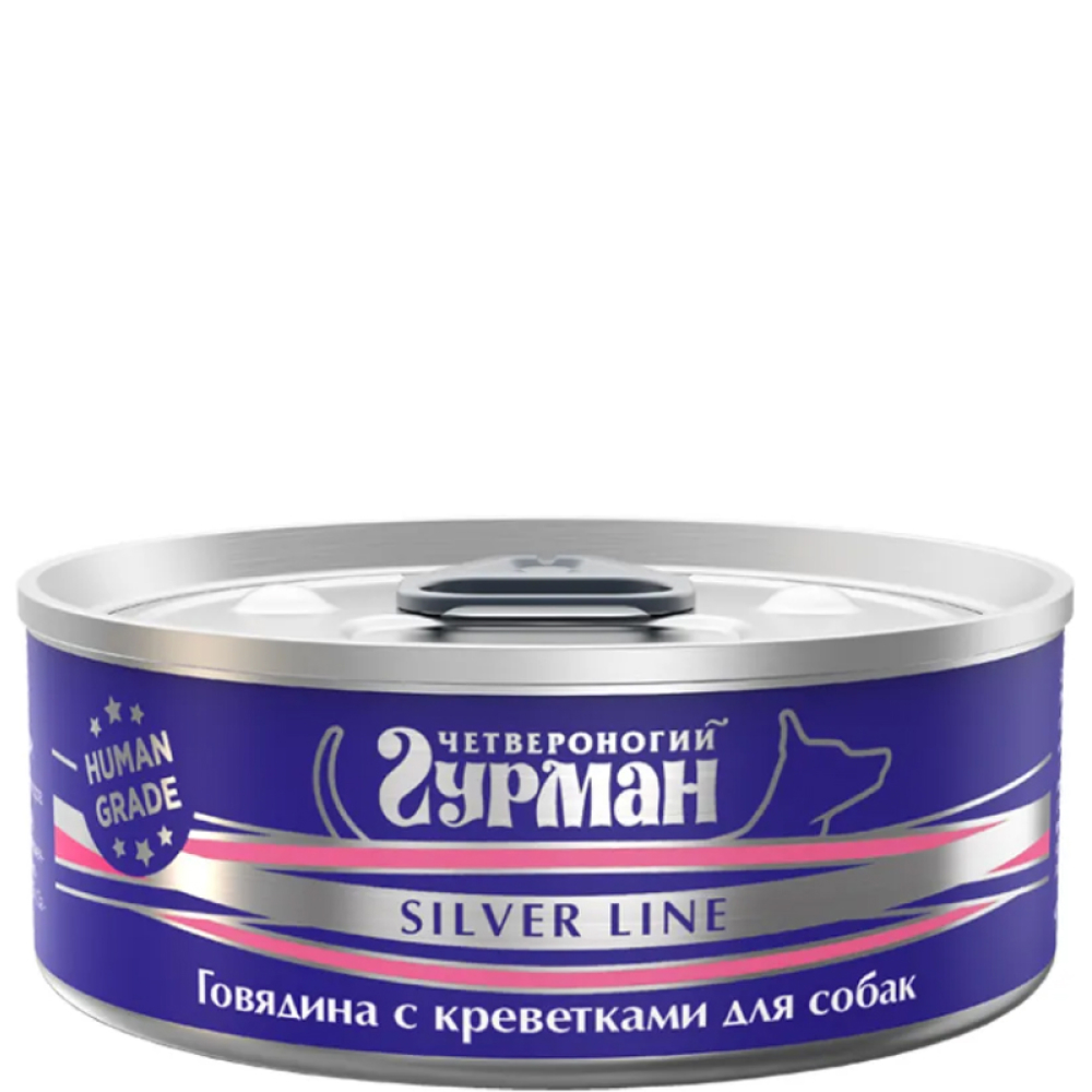 

Четвероногий Гурман Silver Line Влажный корм (консервы) для собак, говядина с креветками, 100 гр.