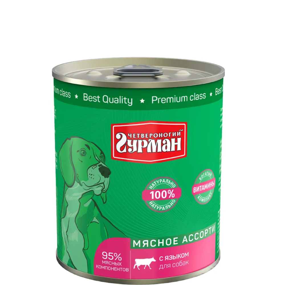 

Четвероногий Гурман Влажный корм (консервы) для собак, мясное ассорти с языком, 340 гр.