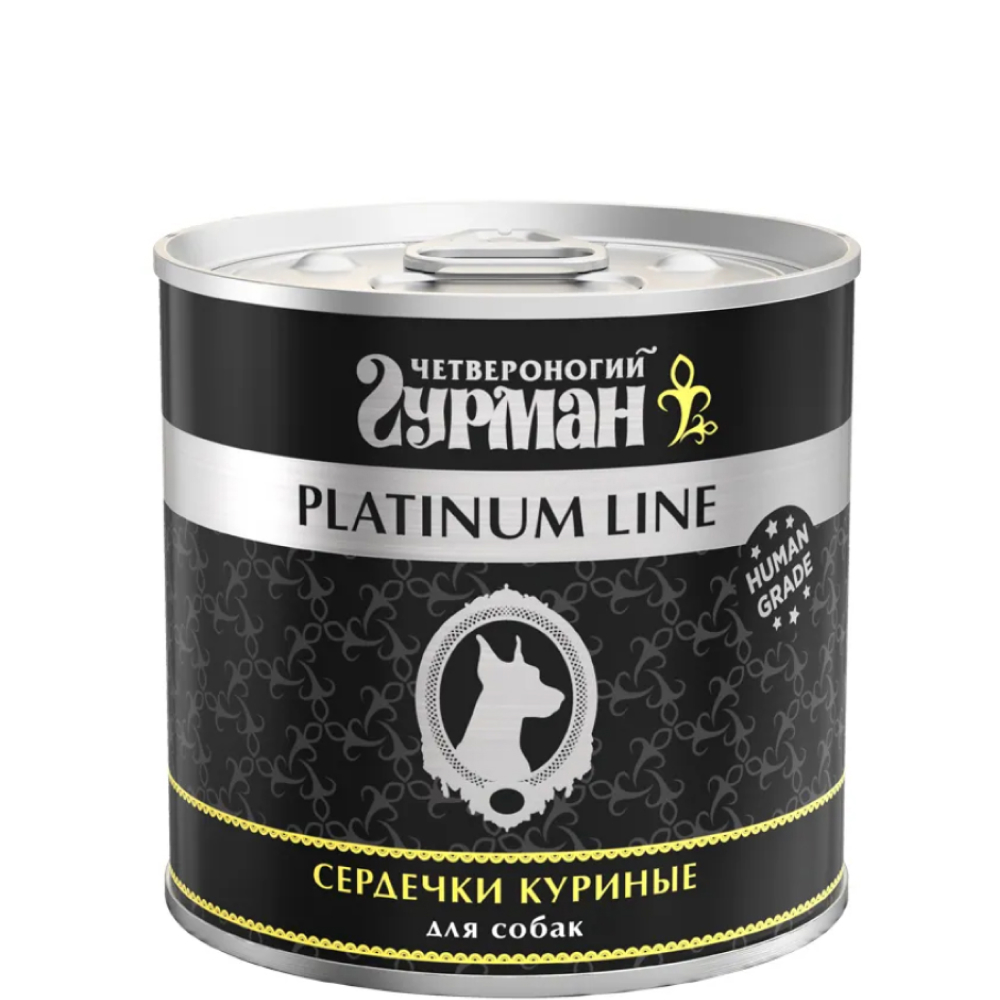 

Четвероногий Гурман Platinum Line Влажный корм (консервы) для собак всех пород, сердечки куриные в желе, 240 гр.