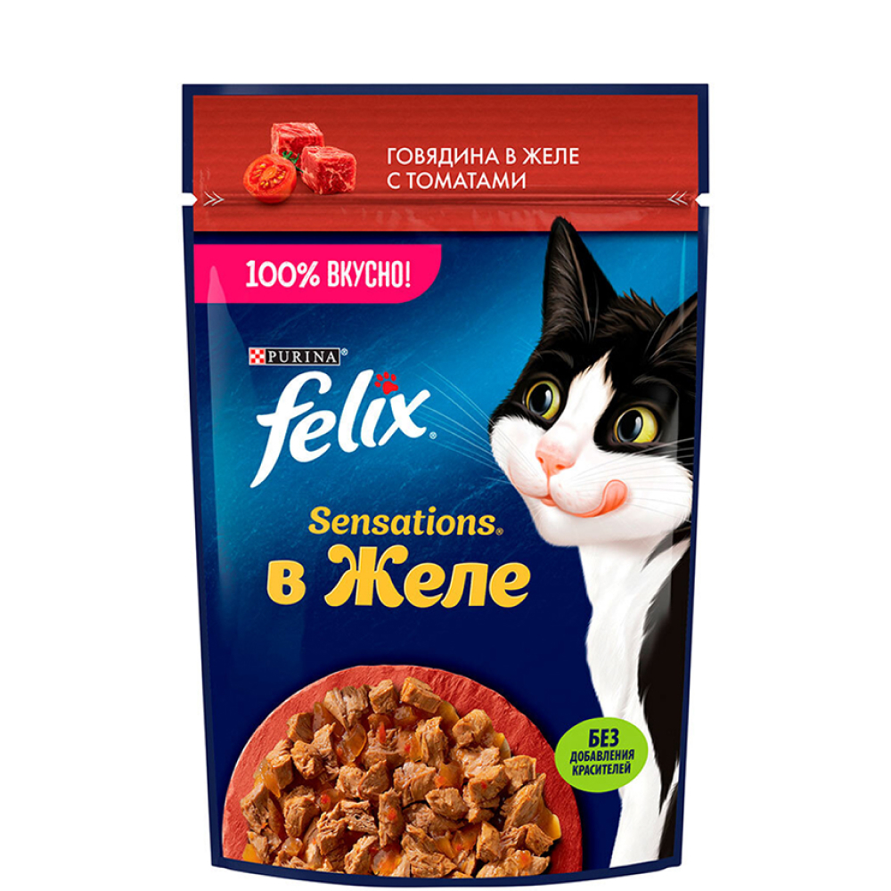 

Felix Sensations Влажный корм (пауч) для взрослых кошек, с говядиной в желе с томатами, 75 гр.