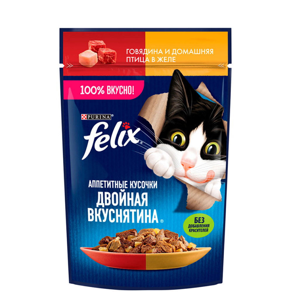 

Felix Влажный корм (пауч) для взрослых кошек Двойная вкуснятина, с говядиной и птицей в желе, 75 гр.