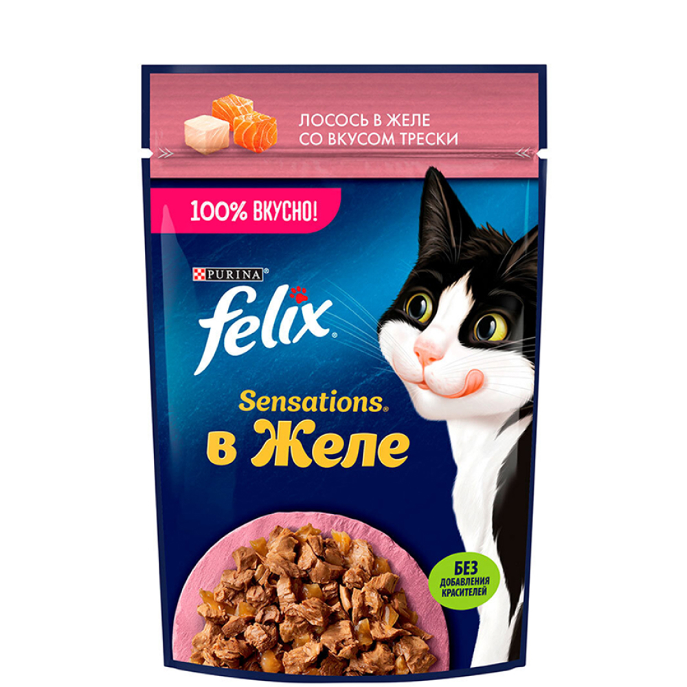 

Felix Sensations Влажный корм (пауч) для взрослых кошек, с лососем в желе с добавлением трески, 75 гр.