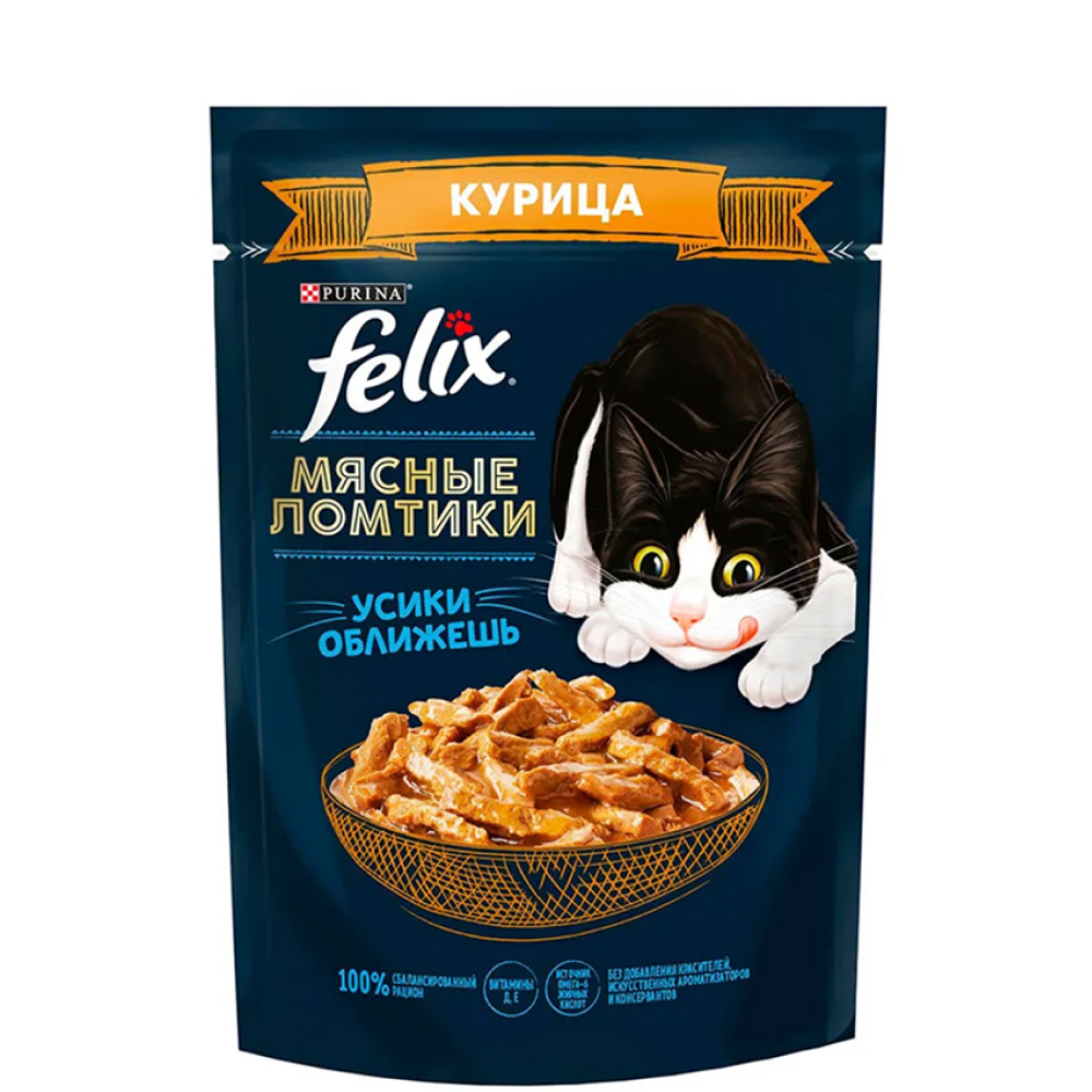 

Felix Влажный корм (пауч) для взрослых кошек Мясные ломтики, с курицей в соусе, 75 гр.